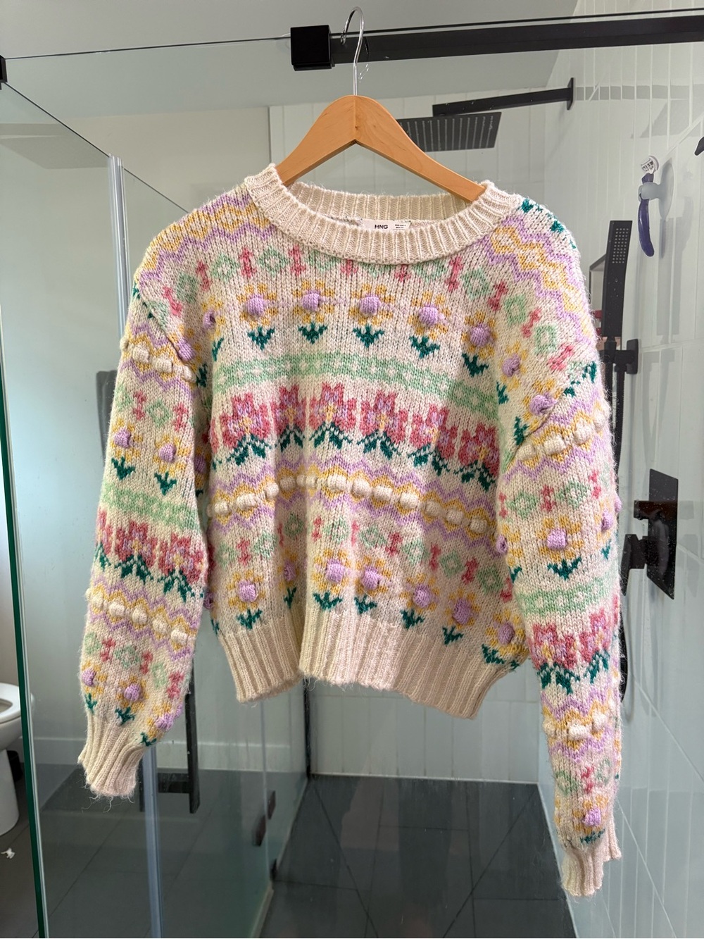Mango Cream Crewneck Sweater with Pastel Floral Fair Isle